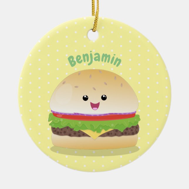 Cute happy kawaii hamburger cartoon ceramic ornament (Front)