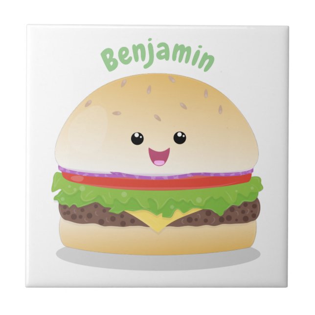 Cute happy kawaii hamburger cartoon ceramic tile (Front)