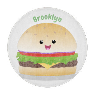 Cute happy kawaii hamburger cartoon cutting board
