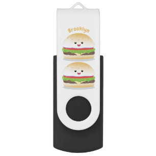 Cute happy kawaii hamburger cartoon flash drive