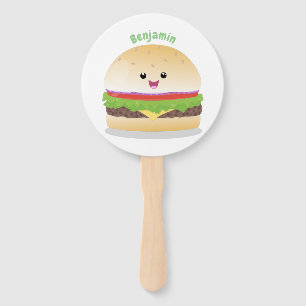 Cute happy kawaii hamburger cartoon hand fan