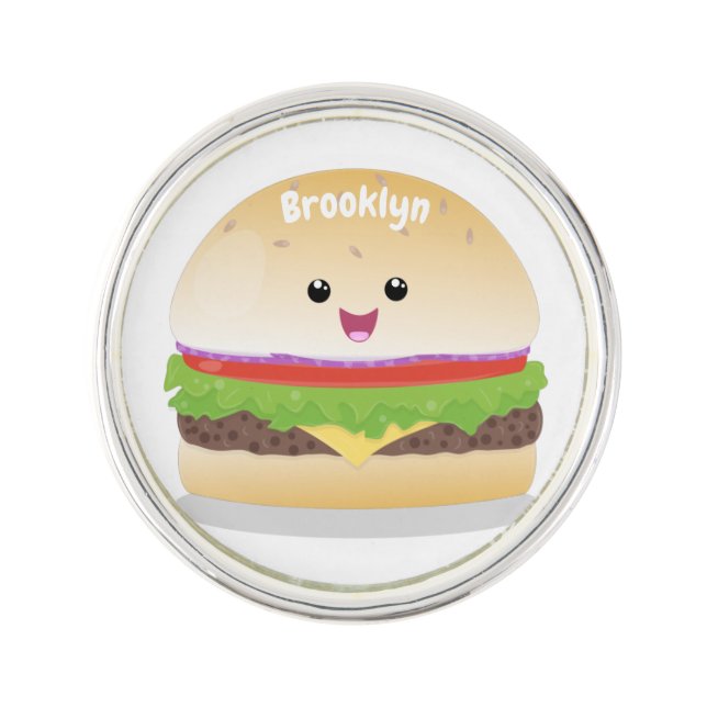 Cute happy kawaii hamburger cartoon lapel pin (Front)