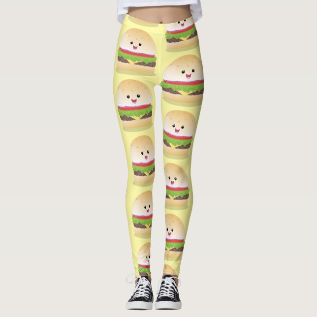 Cute happy kawaii hamburger cartoon leggings (Front)