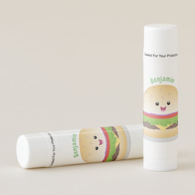Cute happy kawaii hamburger cartoon  lip balm (Front)