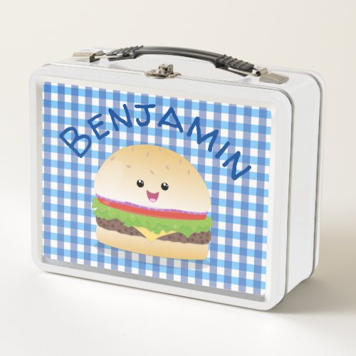 Cute happy kawaii hamburger cartoon metal lunch box