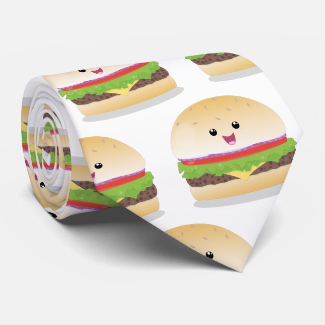 Cute happy kawaii hamburger cartoon neck tie (Rolled)