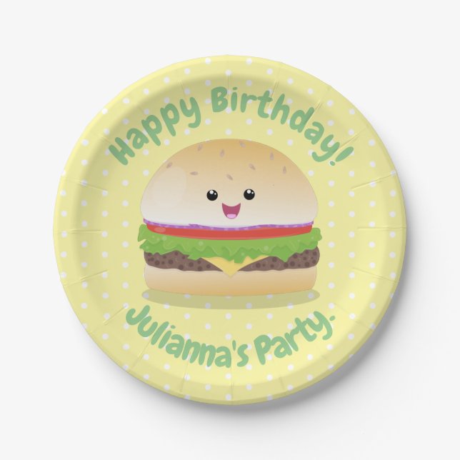Cute happy kawaii hamburger cartoon paper plates (Front)