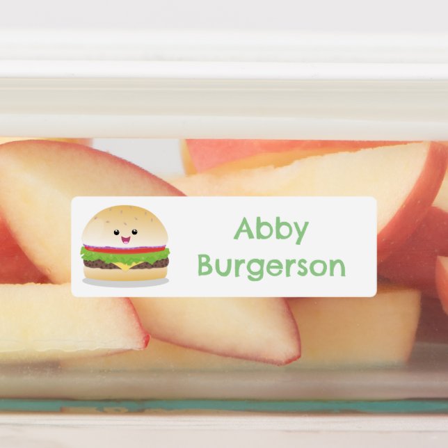 Cute happy kawaii hamburger cartoon personalized  labels (Affixed)