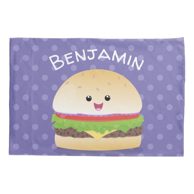 Cute happy kawaii hamburger cartoon pillow case (Back)