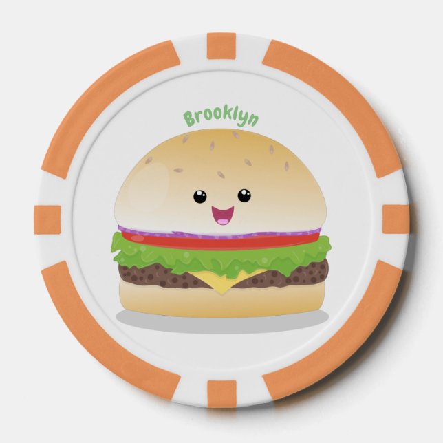 Cute happy kawaii hamburger cartoon poker chips (Front)