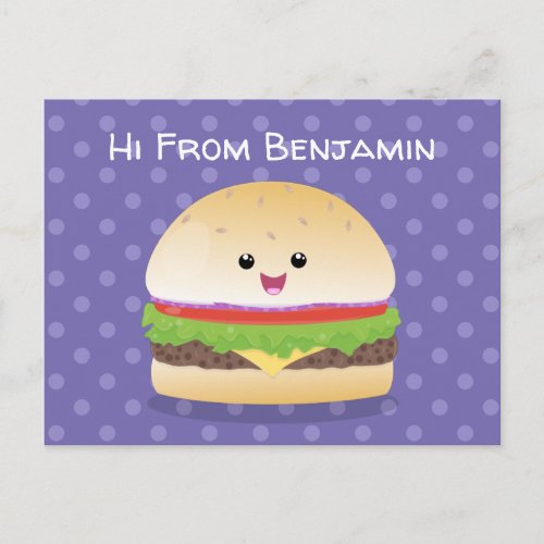 Cute happy kawaii hamburger cartoon postcard