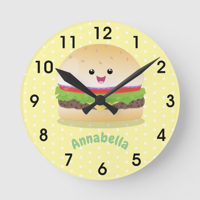 Cute happy kawaii hamburger cartoon round clock (Front)