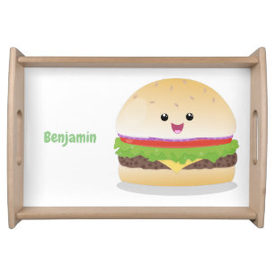Cute happy kawaii hamburger cartoon serving tray