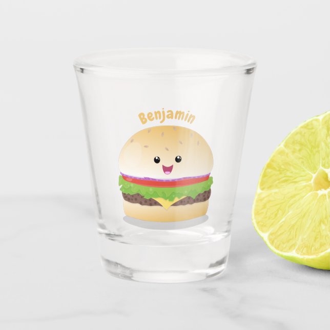 Cute happy kawaii hamburger cartoon shot glass (Front)