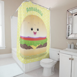 Cute happy kawaii hamburger cartoon shower curtain