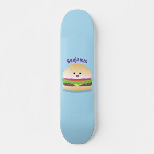 Cute happy kawaii hamburger cartoon skateboard