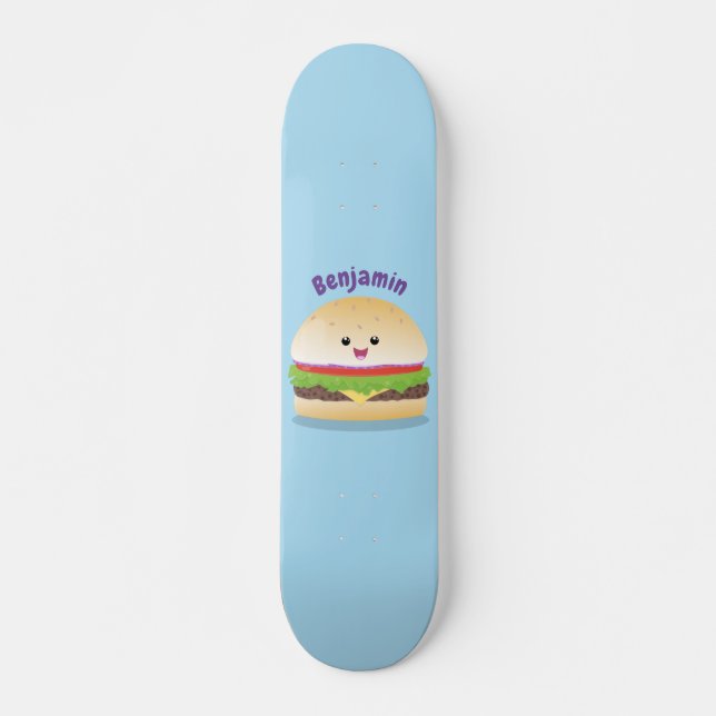 Cute happy kawaii hamburger cartoon skateboard (Front)