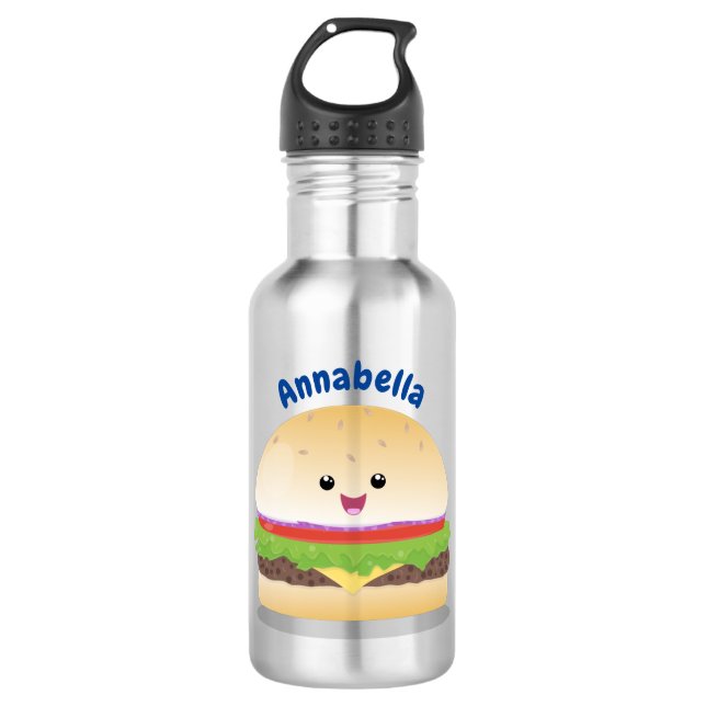 Cute happy kawaii hamburger cartoon stainless steel water bottle (Front)