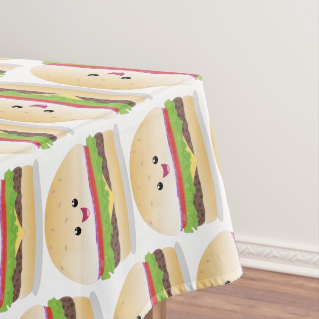 Cute happy kawaii hamburger cartoon tablecloth (In Situ)