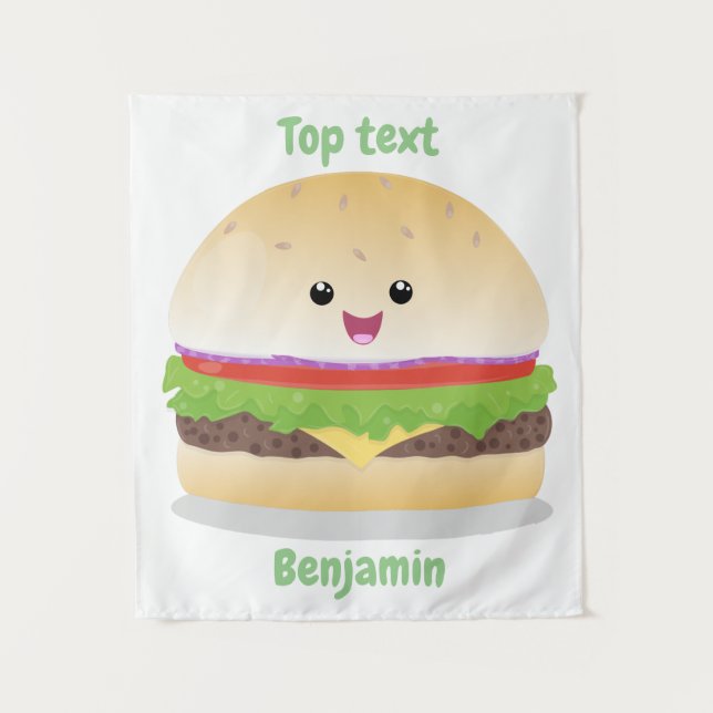 Cute happy kawaii hamburger cartoon tapestry (Front)