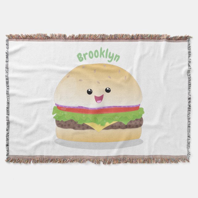 Cute happy kawaii hamburger cartoon throw blanket (Front)