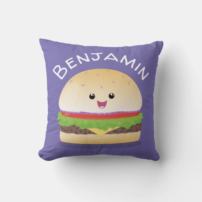 Cute happy kawaii hamburger cartoon throw pillow (Front)