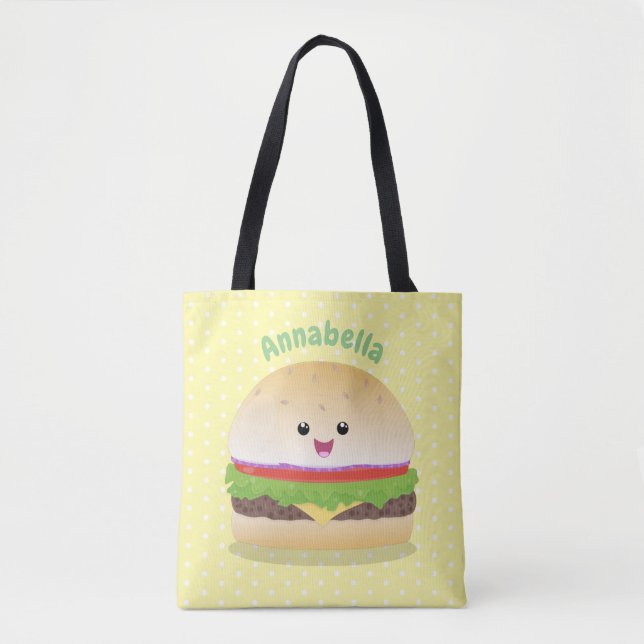 Cute happy kawaii hamburger cartoon tote bag (Front)