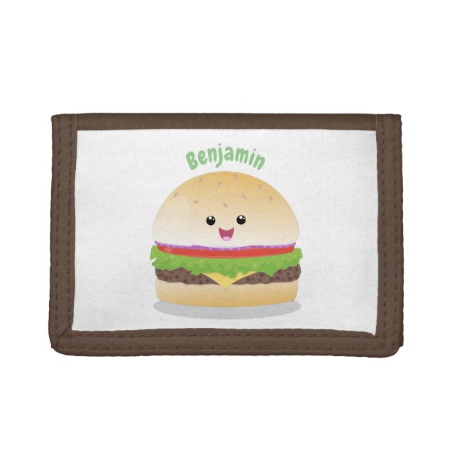 Cute happy kawaii hamburger cartoon trifold wallet (Front)