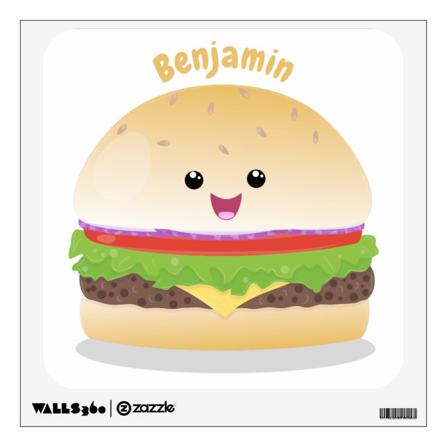Cute happy kawaii hamburger cartoon wall decal (Front)