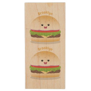 Cute happy kawaii hamburger cartoon wood flash drive