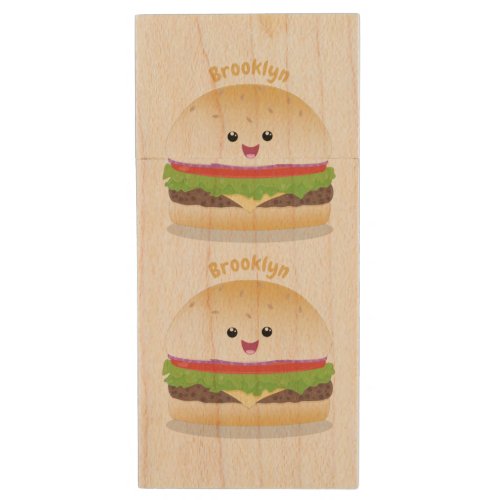 Cute happy kawaii hamburger cartoon wood flash drive