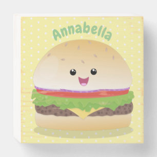 Cute happy kawaii hamburger cartoon wooden box sign