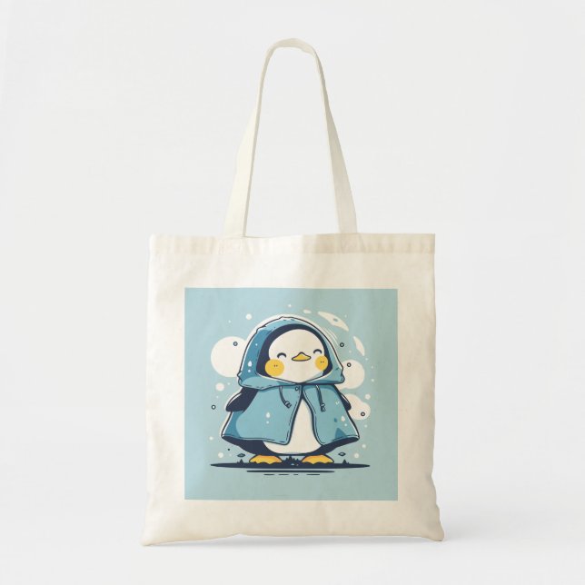 Cute Happy Kawaii Penguin in a Raincoat Tote Bag (Front)
