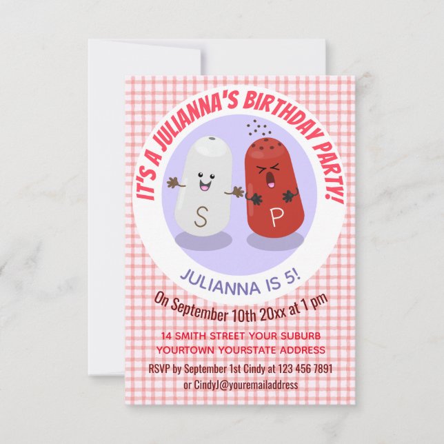Cute happy kawaii salt and pepper cartoon invitation (Front)