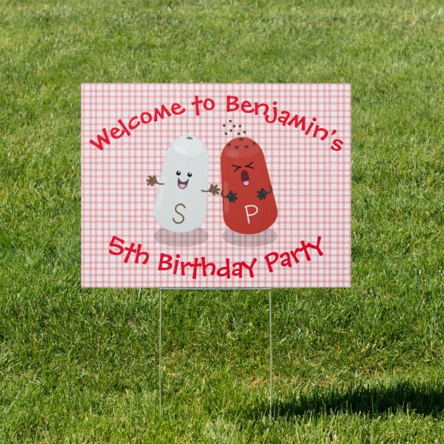 Cute happy kawaii salt and pepper cartoon sign (Insitu)