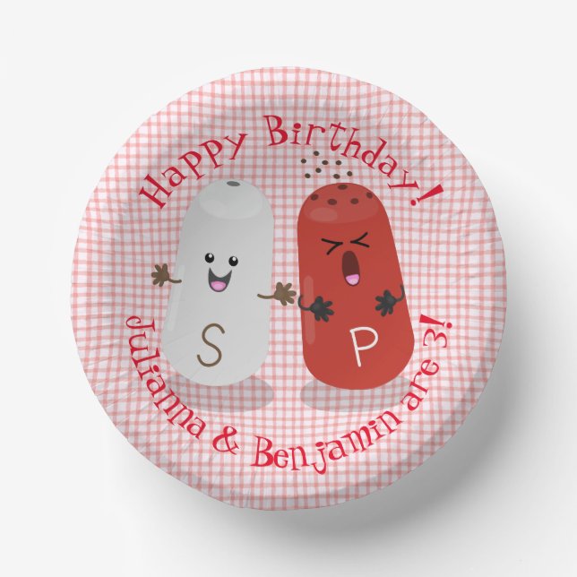 Cute happy kawaii salt and pepper twins cartoon paper bowls (Front)