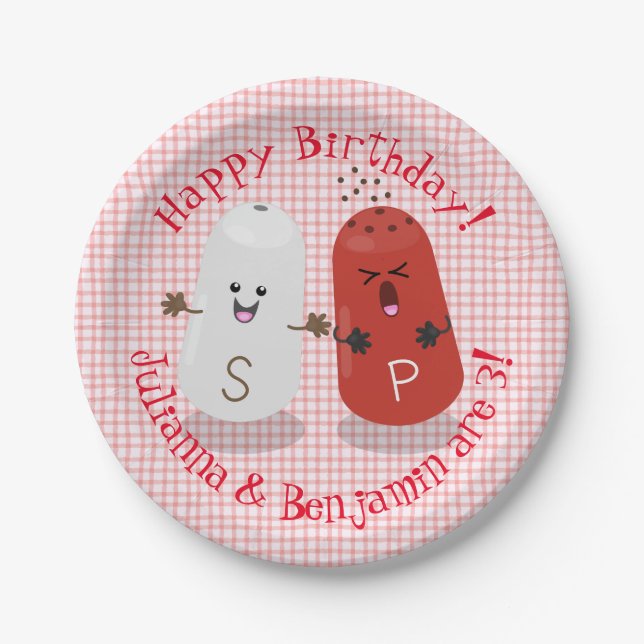 Cute happy kawaii salt and pepper twins cartoon paper plates (Front)