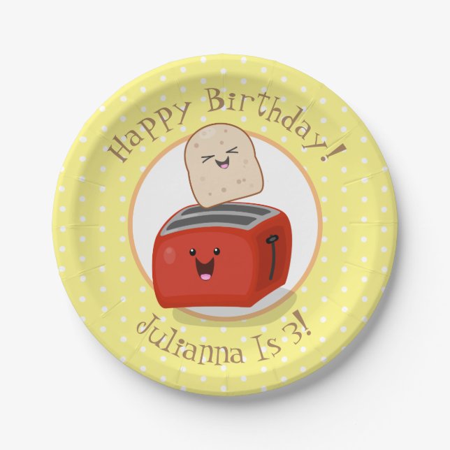 Cute happy kawaii toaster cartoon illustration paper plates (Front)