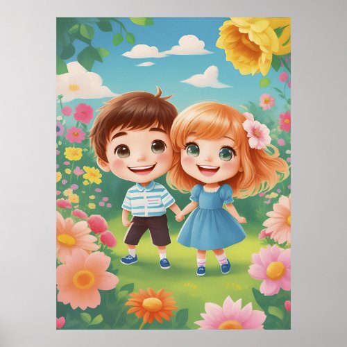 Cute Happy Kids in Floral Garden AI Generative Poster
