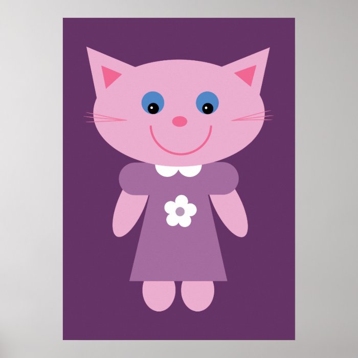 Cute happy kitten cartoon character purple poster