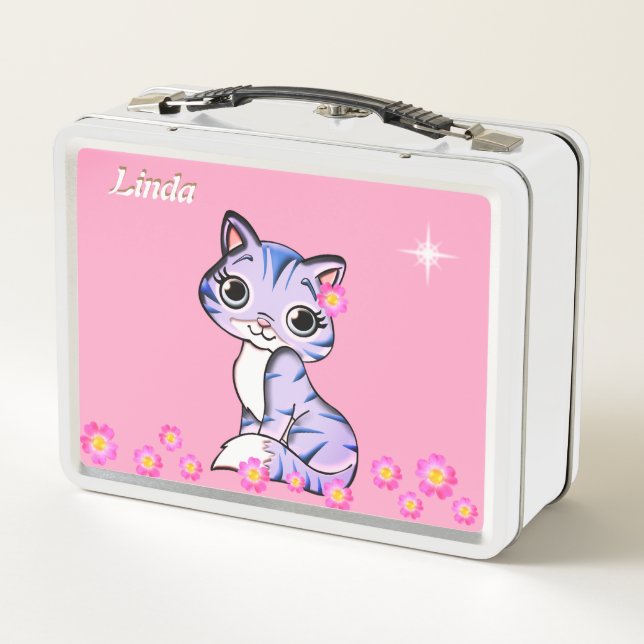 Cute happy kitty cat, flowers and star on pink metal lunch box (Back)