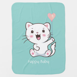 Cute Happy Kitty Cat & Heart Balloon on Teal Baby Blanket