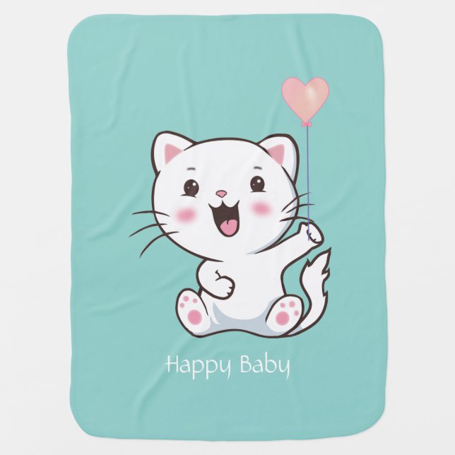 Cute Happy Kitty Cat & Heart Balloon on Teal Baby Blanket (Front)