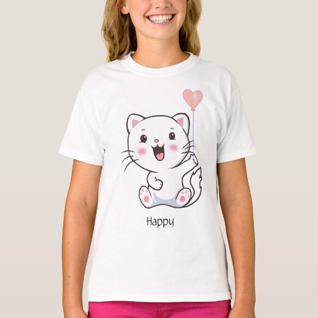 Cute Happy Kitty Cat & Heart Balloon T-Shirt (Front)
