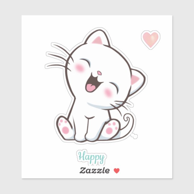 Cute Happy Kitty Cat & Heart Sticker (Sheet)