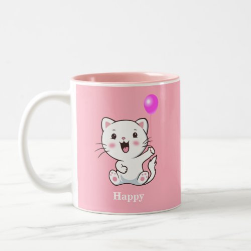 Cute happy kitty cat holding a balloon on Pink Two Two_Tone Coffee Mug