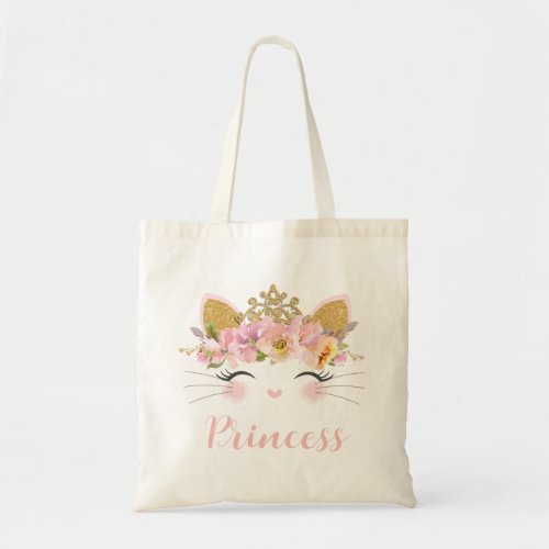 Cute Happy Kitty Cat Princess Floral Gold Crown Tote Bag