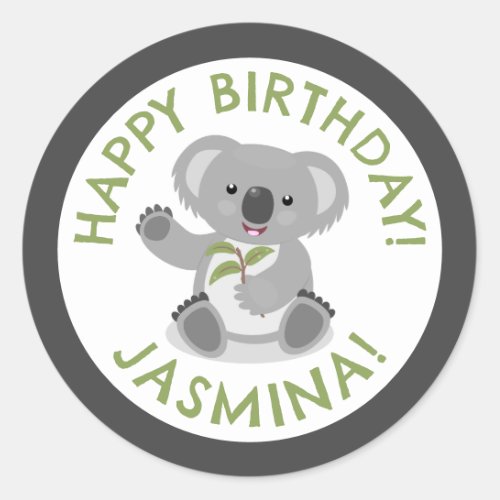 Cute happy koala personalized cartoon birthday classic round sticker