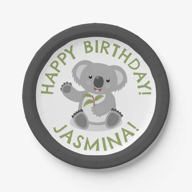 Cute happy koala personalized cartoon birthday paper plates (Front)