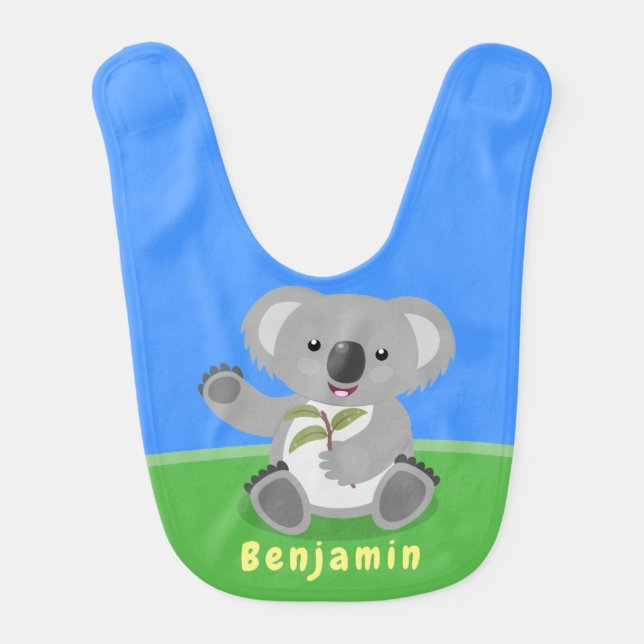 Cute happy koala waving cartoon illustration baby bib (Front)